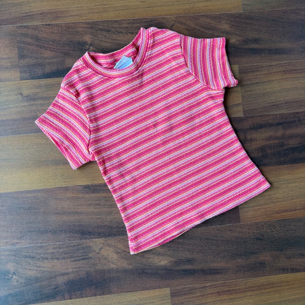 Vintage Simply Basic Girls Coral Pink Striped Ribbed Knit Short Sleeve Size 6/6X